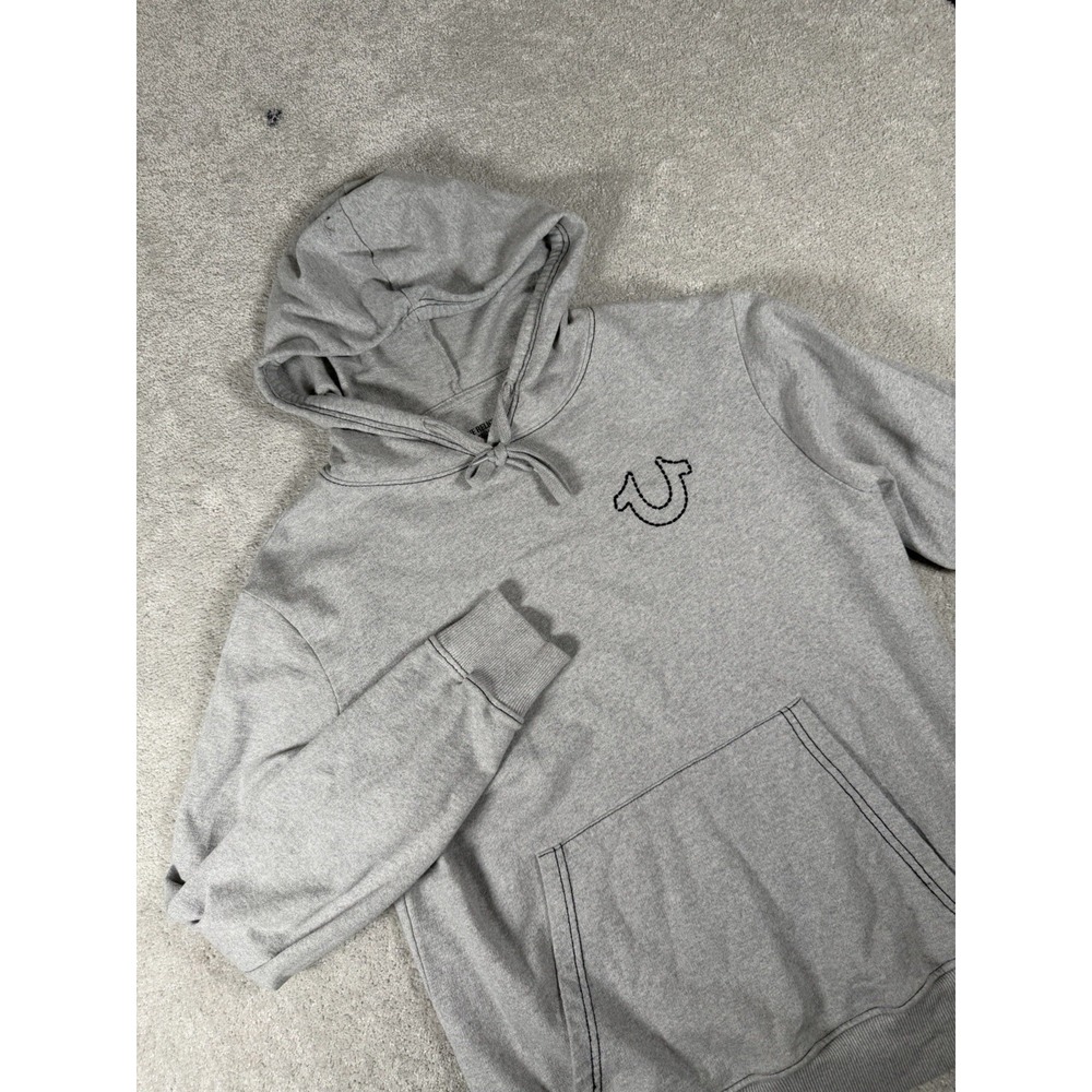 True Religion Hoodie Mens Medium Gray Terry Cloth Back Logo Black Stitching